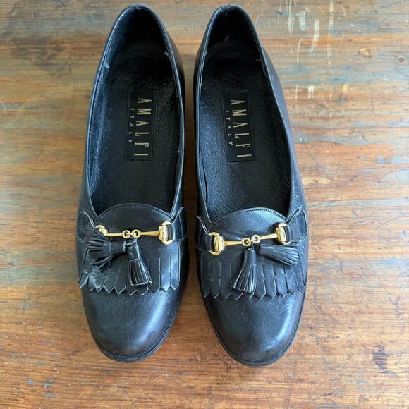 Made in Italy Women Horsebit Loafters SZ 7.5 Leather Tassle Black Preppy Classic - Picture 1 of 9